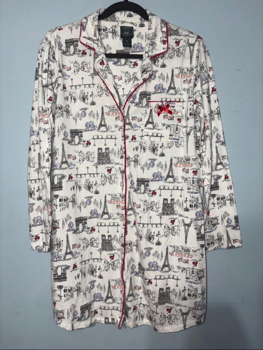 Laura Ashley M  White Eiffel Tower Print Womens Cotton Blend Nightshirt Red Trim